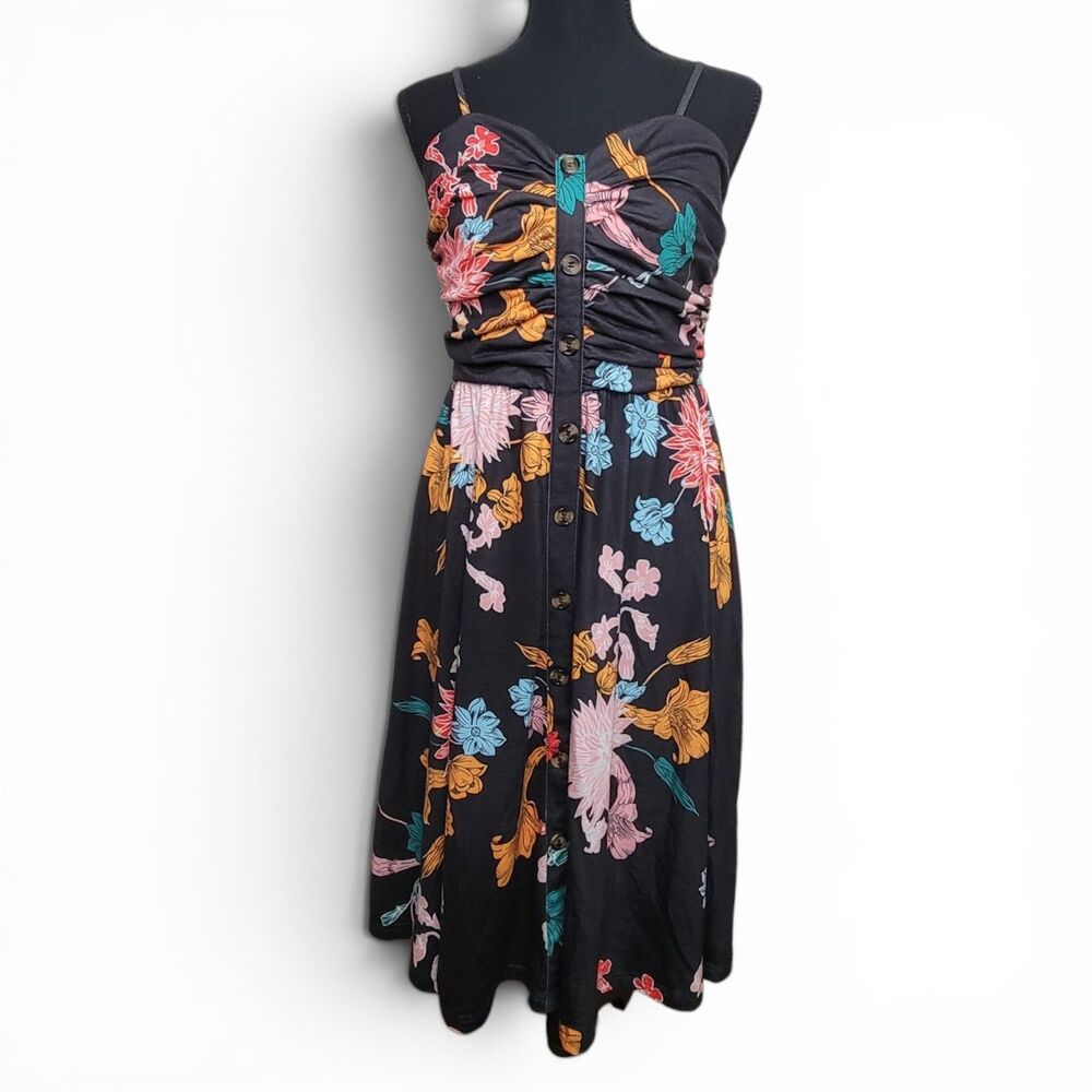 DM Midi Dress Women's Large Black Floral Strappy Sundress Beach Cottage Party